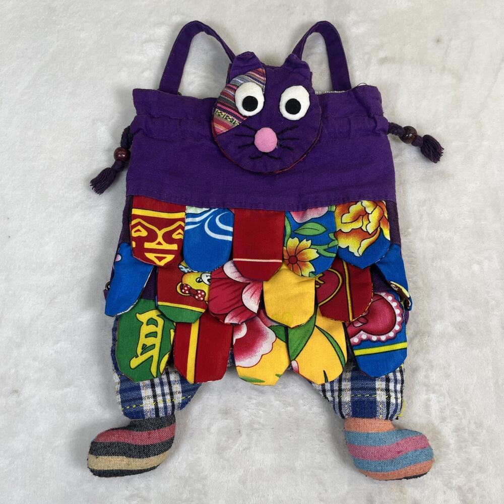 Handmade Patchwork Colorful Cat Drawstring Backpack Purple Multi-Color Charity